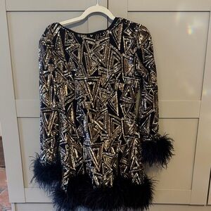 Black and Gold Sequin Feather Trim Top
